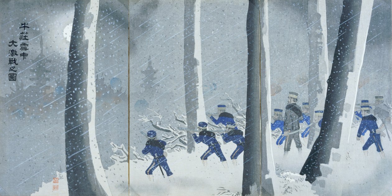Voldsomt slag i sneen nær Niuzhuang, Meiji-perioden af Kiyochika Kobayashi