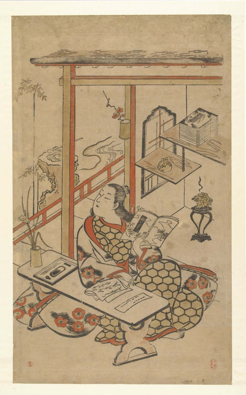 Kvinde ved bordet, læser Genjis fortælling. af Kiyomasu (I) , Torii (attributed to)