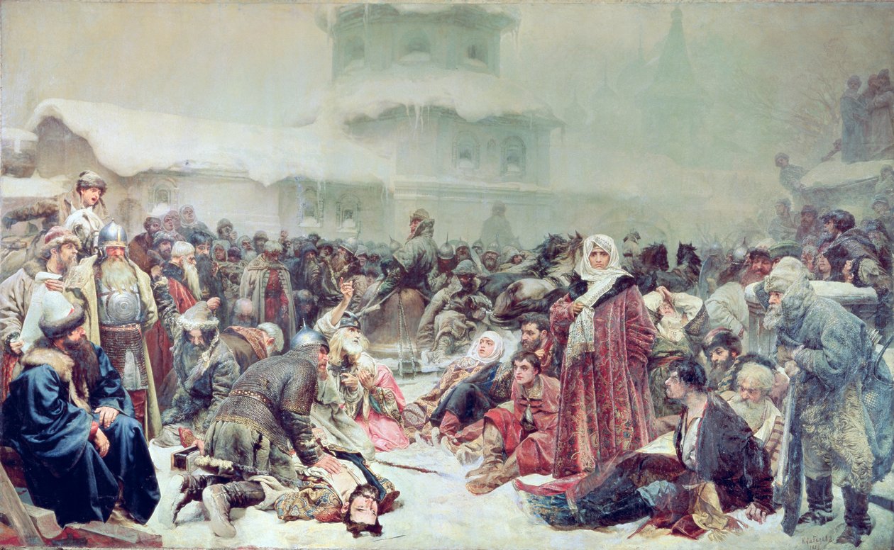 Ødelæggelse af Novgorod af tsar Ivan III (1440-1505) 1889 af Klavdiy Vasilievich Lebedev