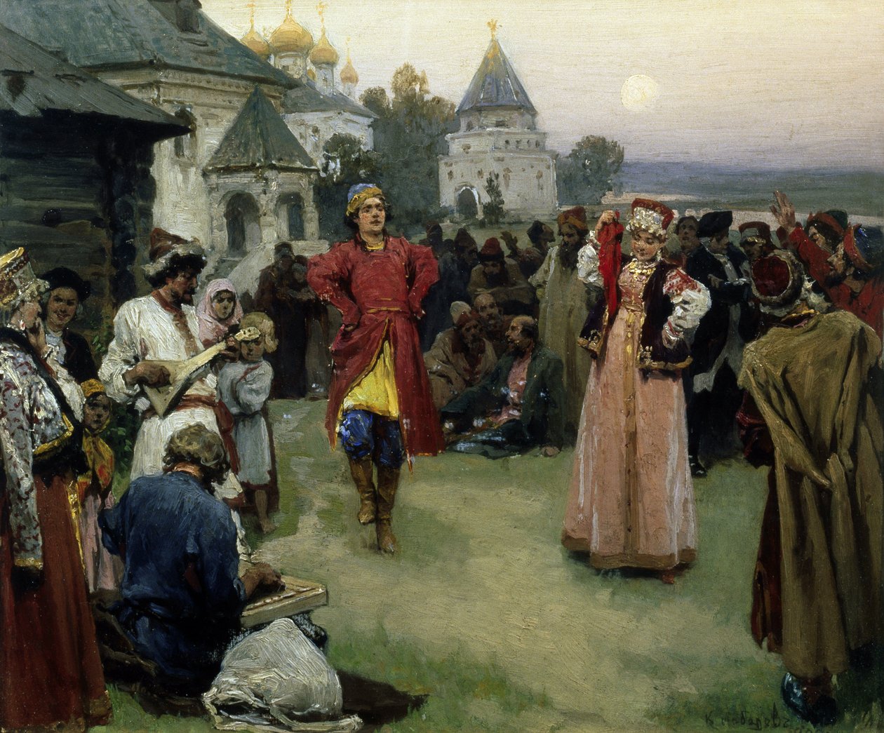 Dans (et par nygifte i traditionel dragt dans blandt skaren af ​​landsbyboere ved mørkets frembrud) (Dans) - Maleri af Klavdi Vasilyevich Lebedev (1852-1916), olie på pap (26x31 cm) af Klavdiy Vasilievich Lebedev