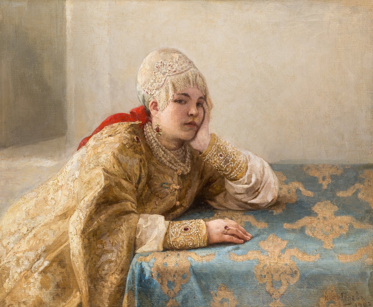 Fille de boyard (boiar) - Boyars datter, af Lebedev, Klavdi (Klavdy) (1852-1916). Olie på lærred af Klavdiy Vasilievich Lebedev