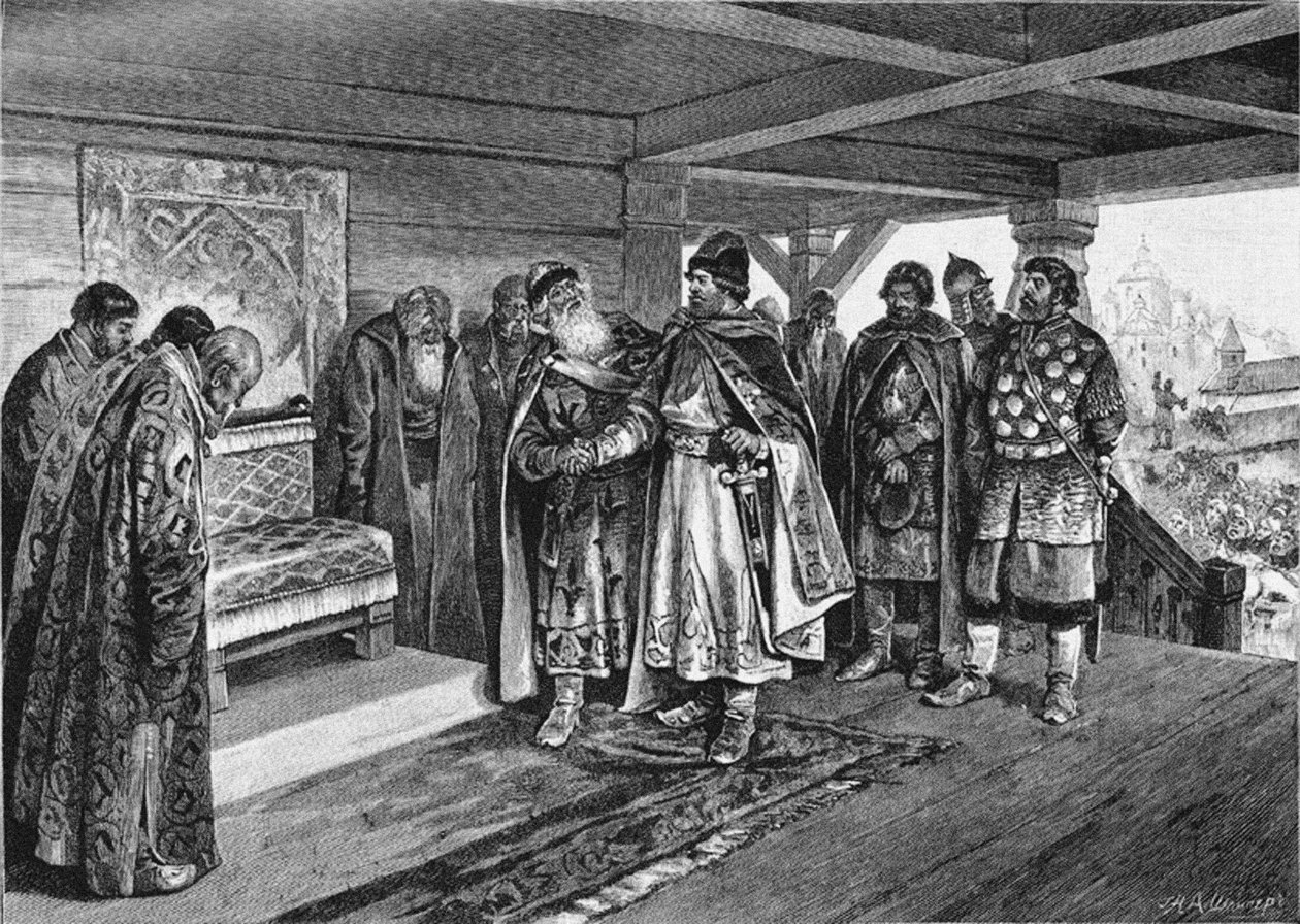 Izyaslav I Mstislavich og Vyacheslav I Vladimirovich, 1890 af Klavdiy Vasilievich Lebedev