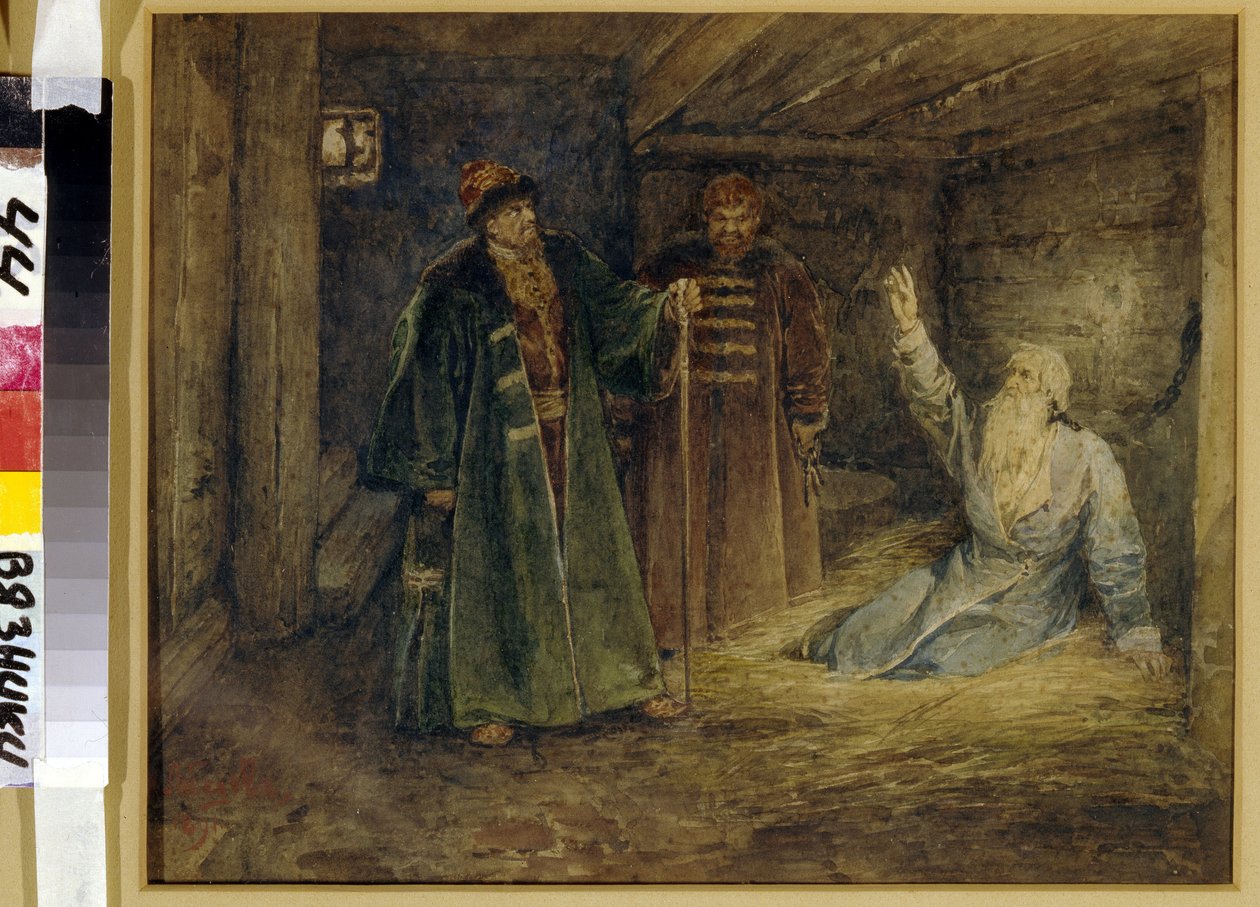 Le tsar Ivan IV le terrible (1530-1584) et Maliouta Skouratov (mort en 1573) visitant le Boyard (boiard, boiar) Morozov (?) i fængsel. (Zar Ivan IV den Forfærdelige og Malyuta Skuratov besøger Boyar Morosov). Peinture de Klavdi Vasilyevich Lebedev (1852-19 af Klavdiy Vasilievich Lebedev