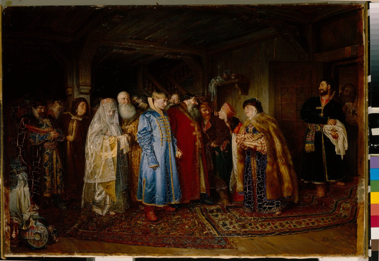Boyar bryllup (boyar, boyar) i det 16. århundrede, bruden er iført en kokochnik (Bojarens bryllup) - Olie på lærred af Klavdi Vasilyevich Lebedev (1852-1916) af Klavdiy Vasilievich Lebedev