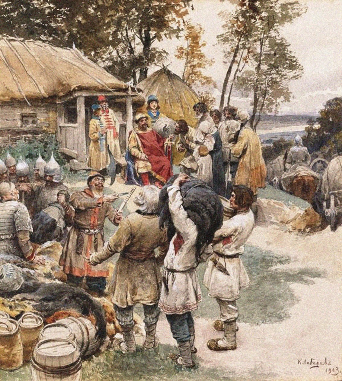 Poliudie Indsamling af hyldest. Igor fra Kiev hyldest fra Drevlyanerne, 1903 af Klavdiy Vasilievich Lebedev