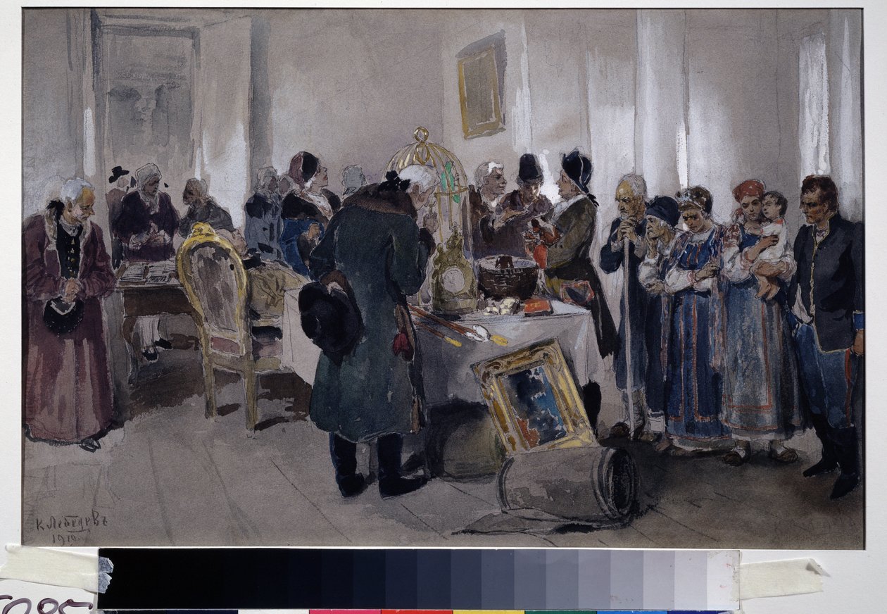 Auktionssalg af livegne. Blandt forskellige genstande (tæppe, fuglebur, malerier, bøger og nipsgenstande) udstilles en bondefamilie, der skal sælges. Adelsmænd og godsejere spadserer og observerer, omringet af Klavdiy Vasilievich Lebedev