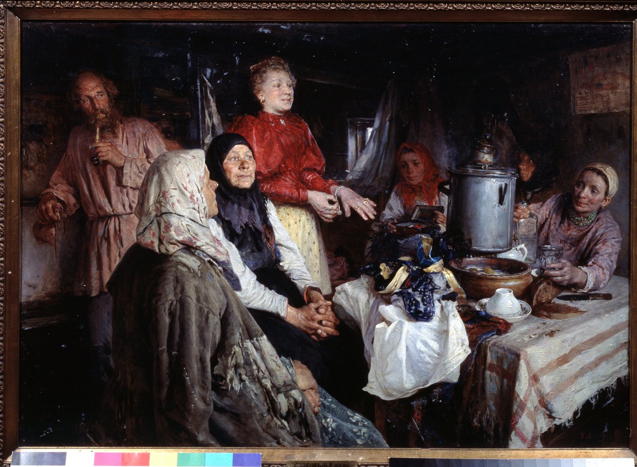 Besøg i huset (Et Hjemmebesøg). Maleri af Klavdi Vasilyevich Lebedev (1852-1916), olie på lærred af Klavdiy Vasilievich Lebedev