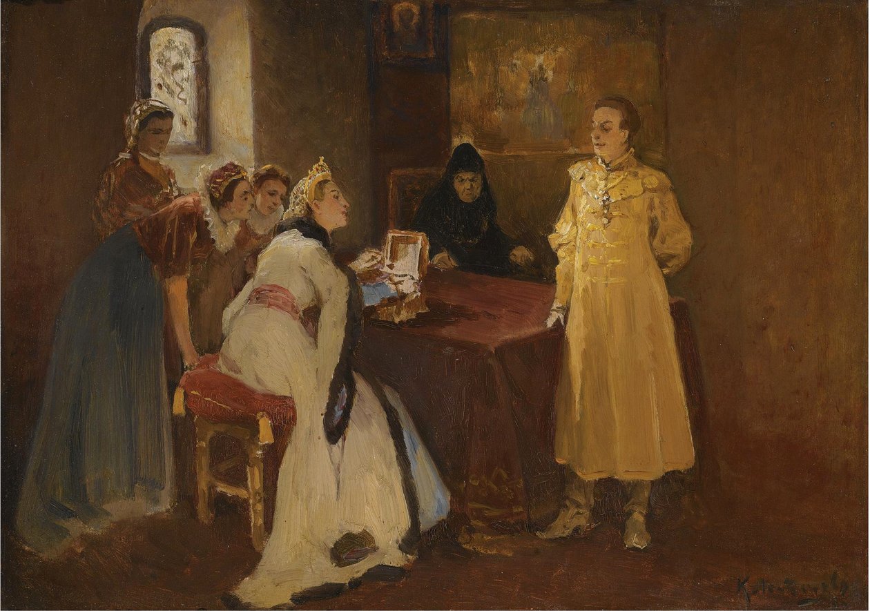 Ksenia Godunova og False Dmitry af Klavdiy Vasilievich Lebedev