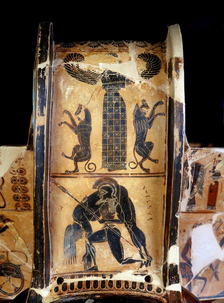 Francois-vasen: detalje af krateret med sorte figurer, der viser Achilleus død båret af Ajax og realiseret af keramikeren Ergotimos og maleren Klitias. 570 f.Kr. Fra Siena. Firenze. Nationalmuseet for arkæologi. af Kleitias Kleitias