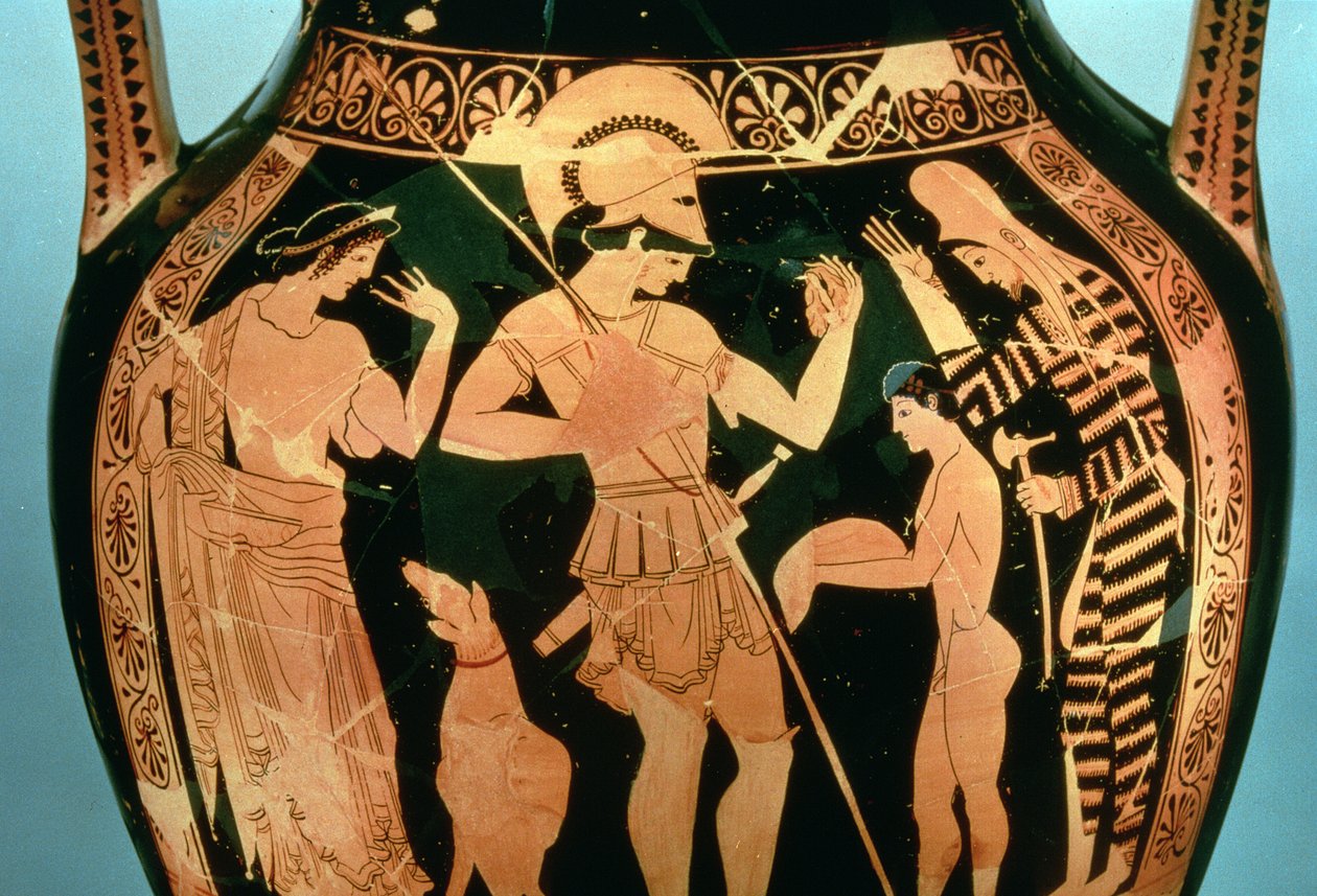 Attic Rød figurvase, der forestiller en soldat, der deltager i et spådomsritual før kamp, 490-480 f.Kr. af Kleophrades Painter