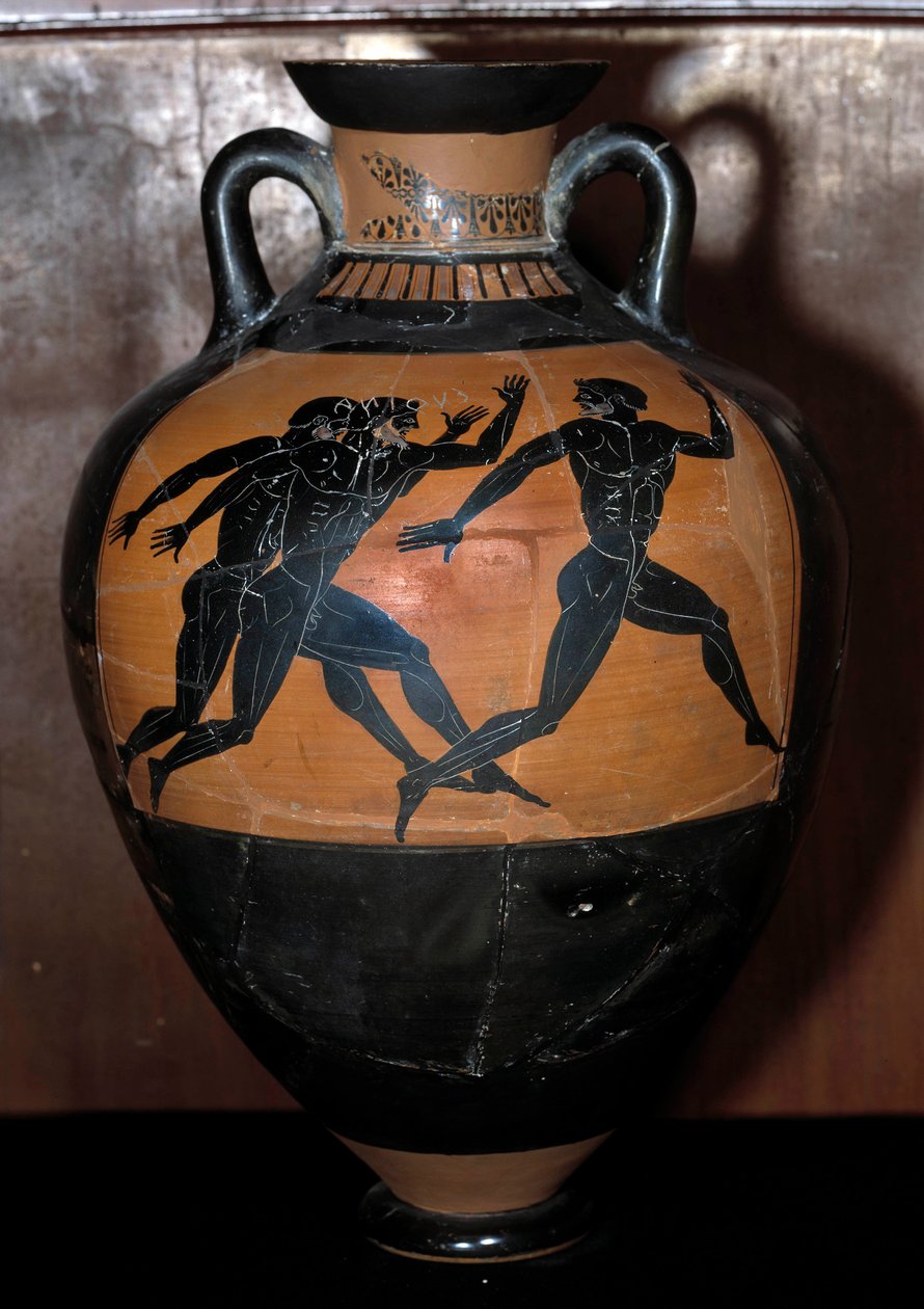 Græsk kunst: Panathenaisk keramisk amfora med sorte figurer, der repræsenterer atleter, der løber en løbetur. Keramik af Kleophrades maler (begyndende 5. århundrede f.Kr.). 500 f.Kr. Dim. 0,55x0,41 m. af Kleophrades Painter (fl.500 475 BC)