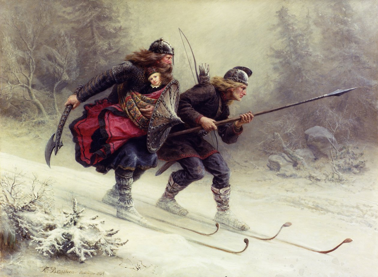 Soldater for den norske konge Sverre, Torstein Skevla og Skjervald Skrukka bærer kongens søn Håkon Håkonsson af Knud Bergslien