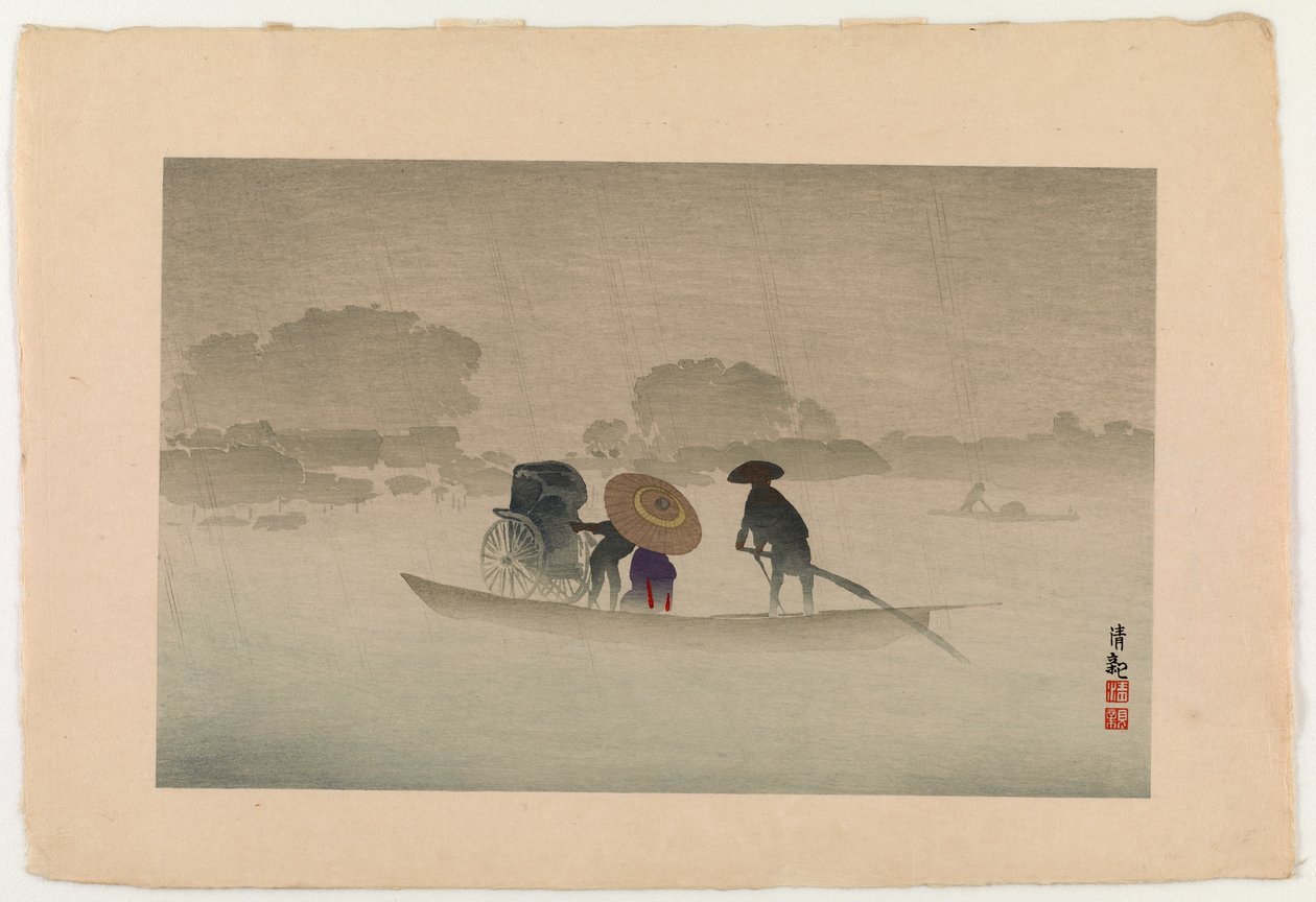 Takeya færge ved Matsuchichiyama i forårsregnen, 1929 (træblok i farver) af Kobayashi Kiyochika