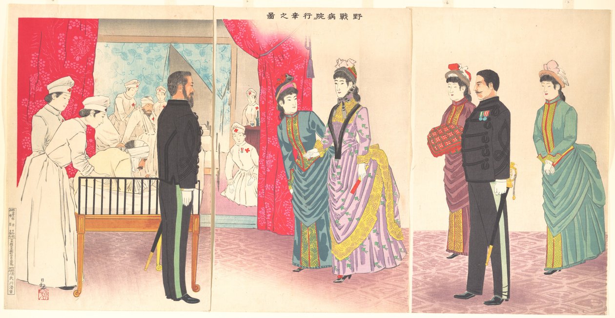 Illustration af kejserinden på besøg på et felthospital [i Hiroshima] (Yasen byōin gyōkō no zu) af Kobayashi Kiyochika