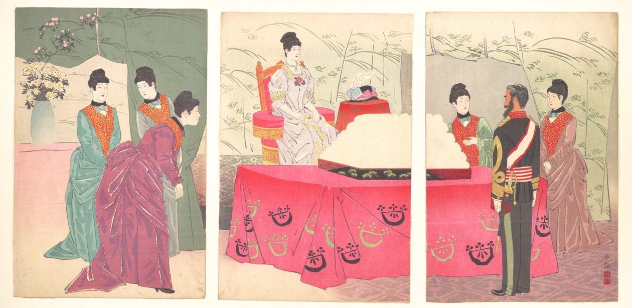 Illustration af kejserindens besøg i generalstabens hovedkvarter [for at overrække en bakke med bandager] (Sanbō honbu gyōkei no zu) af Kobayashi Kiyochika
