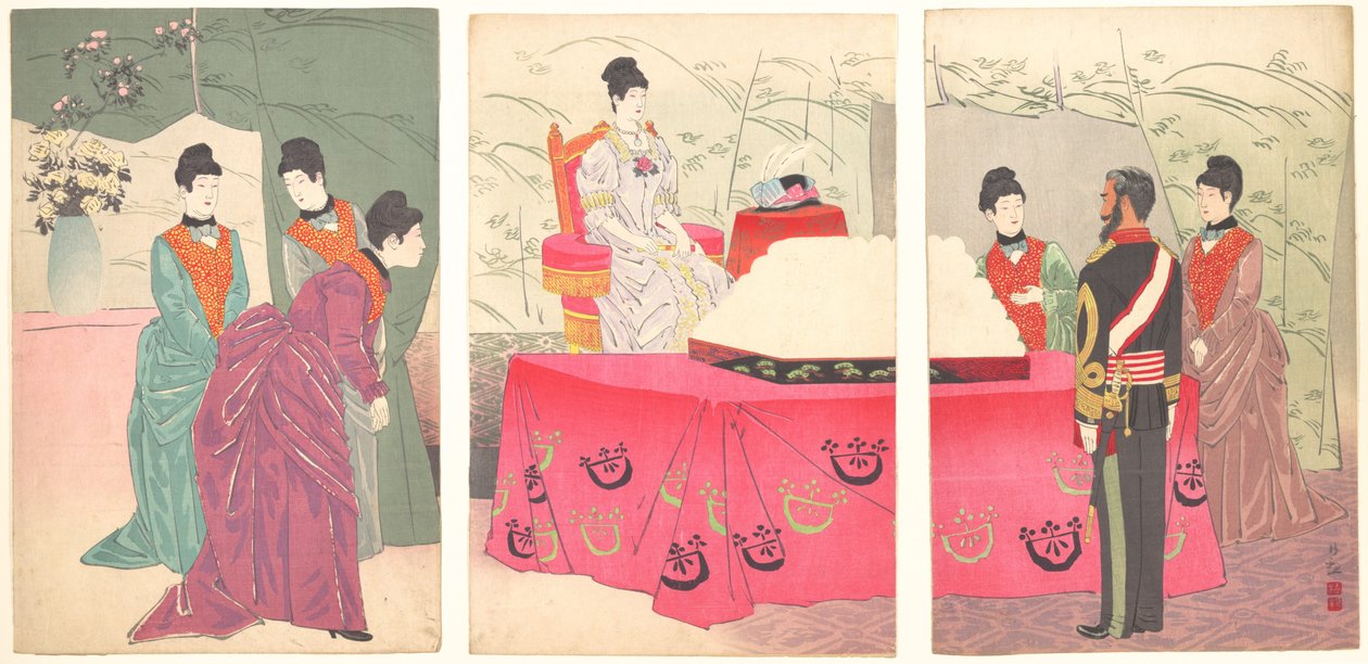 Illustration af kejserinden på besøg i generalstabens hovedkvarter [for at præsentere en bakke med ..., 1895. af Kobayashi Kiyochika