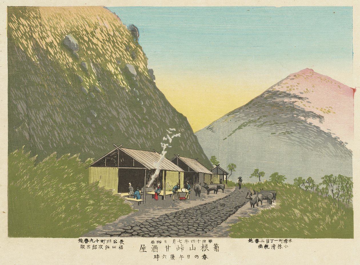 Hus med sød sake ved foden af Hakone-bjerget, kl. 18.00 på en forårsdag af Kobayashi Kiyochika