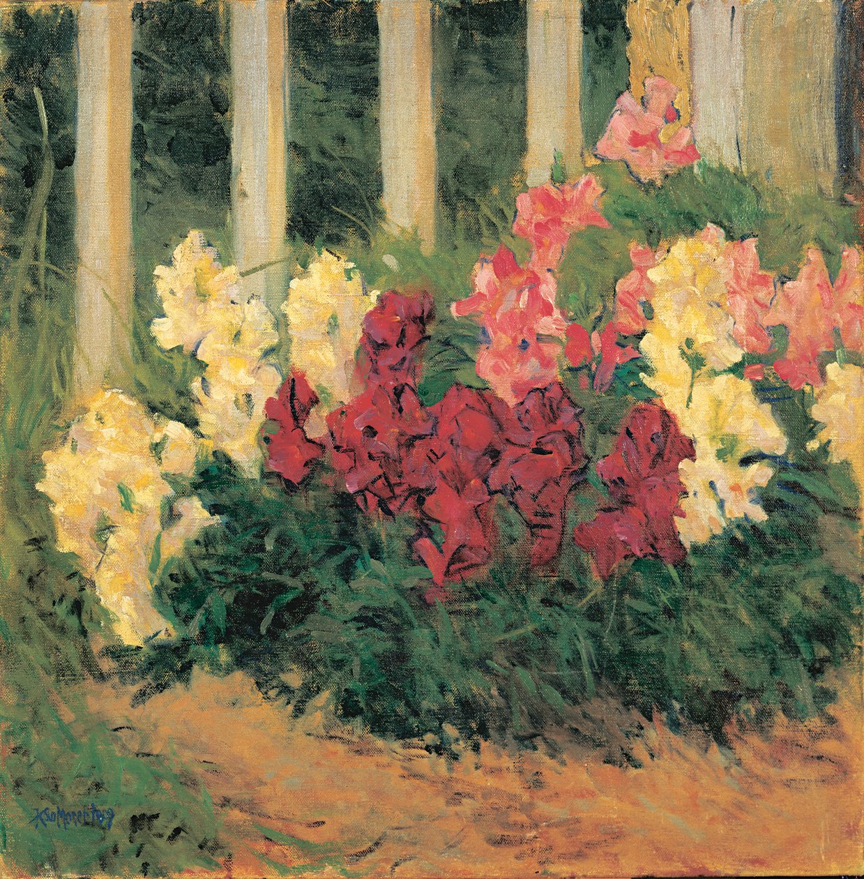 Blumenstrauch vor Gartenzaun - Blomster foran et havehegn ... (olie på lærred) af Koloman Moser