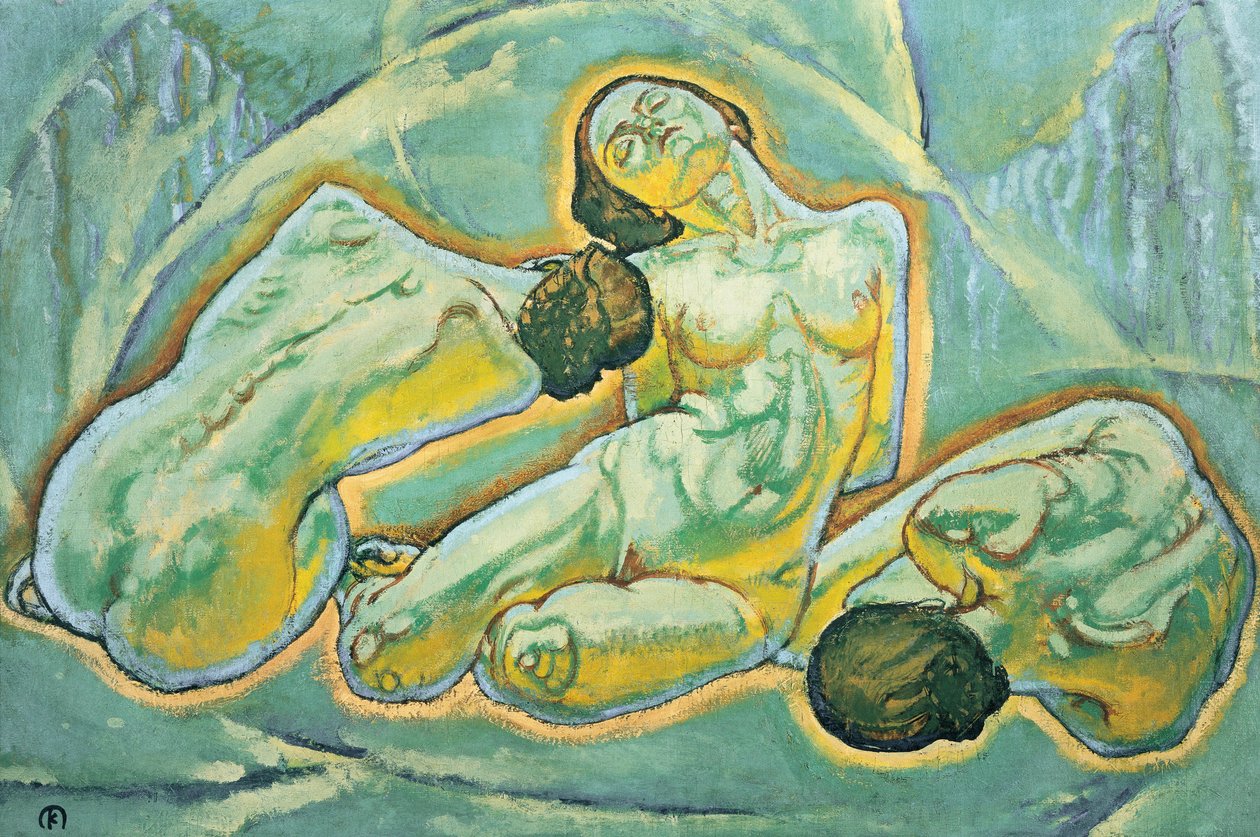 Drei kauernde Frauen - Tre hugsiddende kvinder ... (maleri på lærred) af Koloman Moser