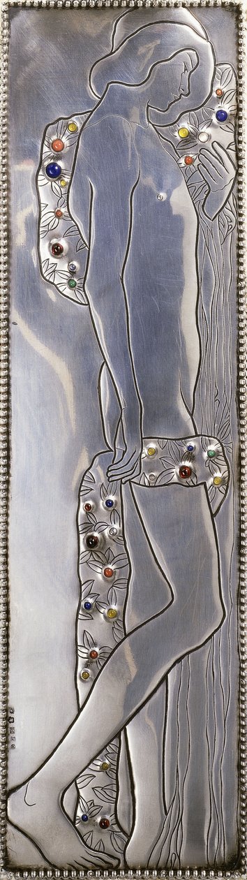 Indsat panel af en hvidmalet Wiener Werkstatte enkeltseng, der viser en nøgen androgyn figur (detalje), ca. 1904 (sølv, lapis lazuli, månesten, malakit, koral, træ) af Koloman Moser