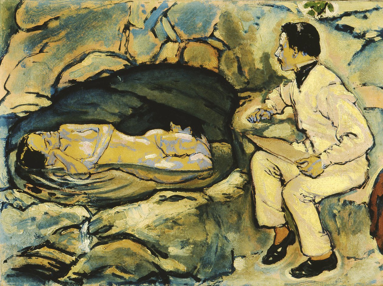 Selvportræt, tegning med havfrue i klippegrotten, 1914. af Koloman Moser