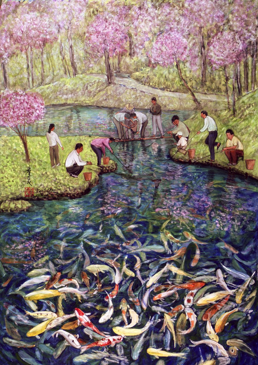 Fiskeri, 1996 (gouache på silke) af Komi Chen
