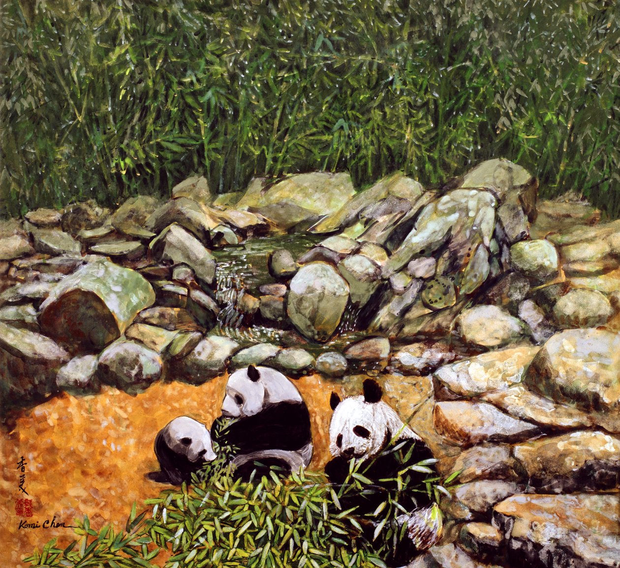 Happy Family (Pandas) 1993 (gouache på silke) af Komi Chen