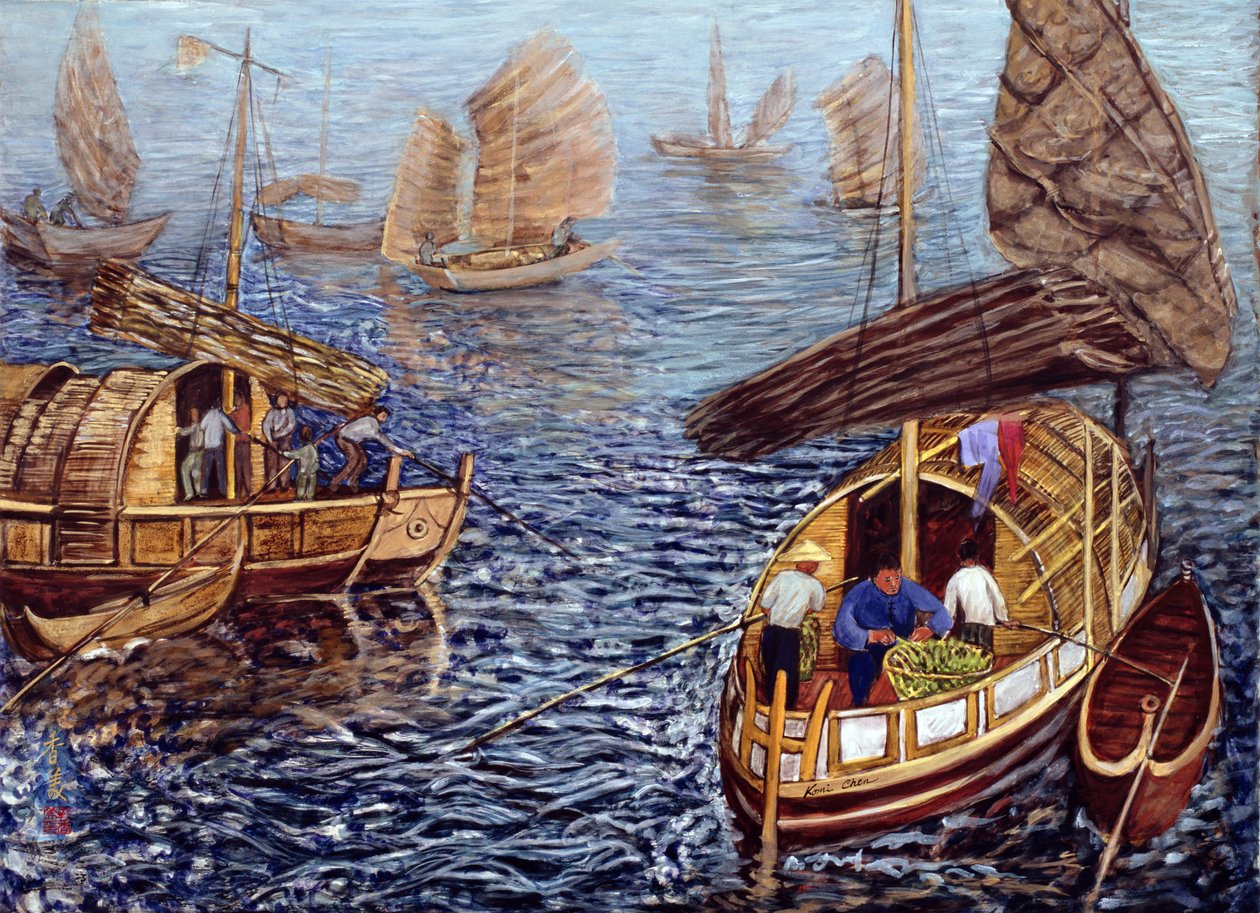 Junks, 1992 (gouache på silke) af Komi Chen