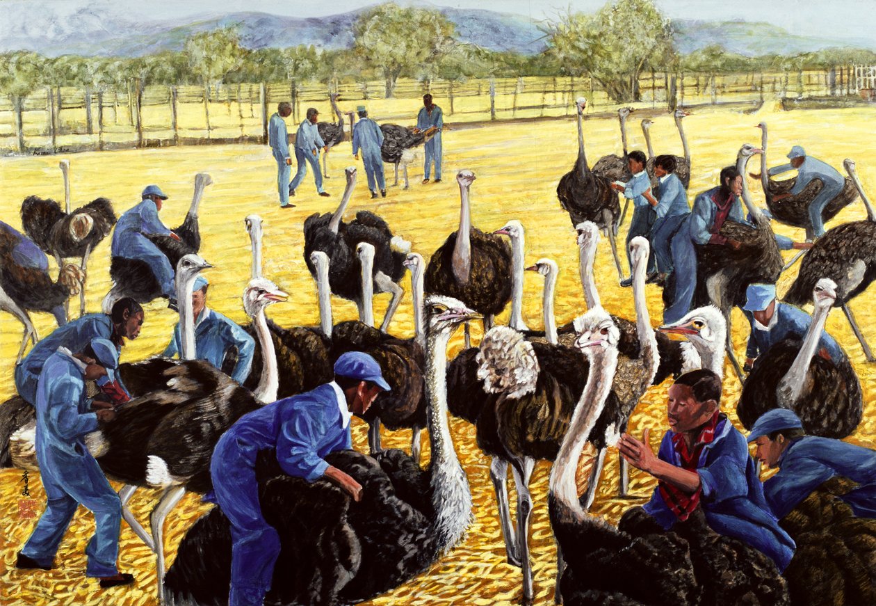 Strudsefarm, 1988 (gouache på rispapir) af Komi Chen