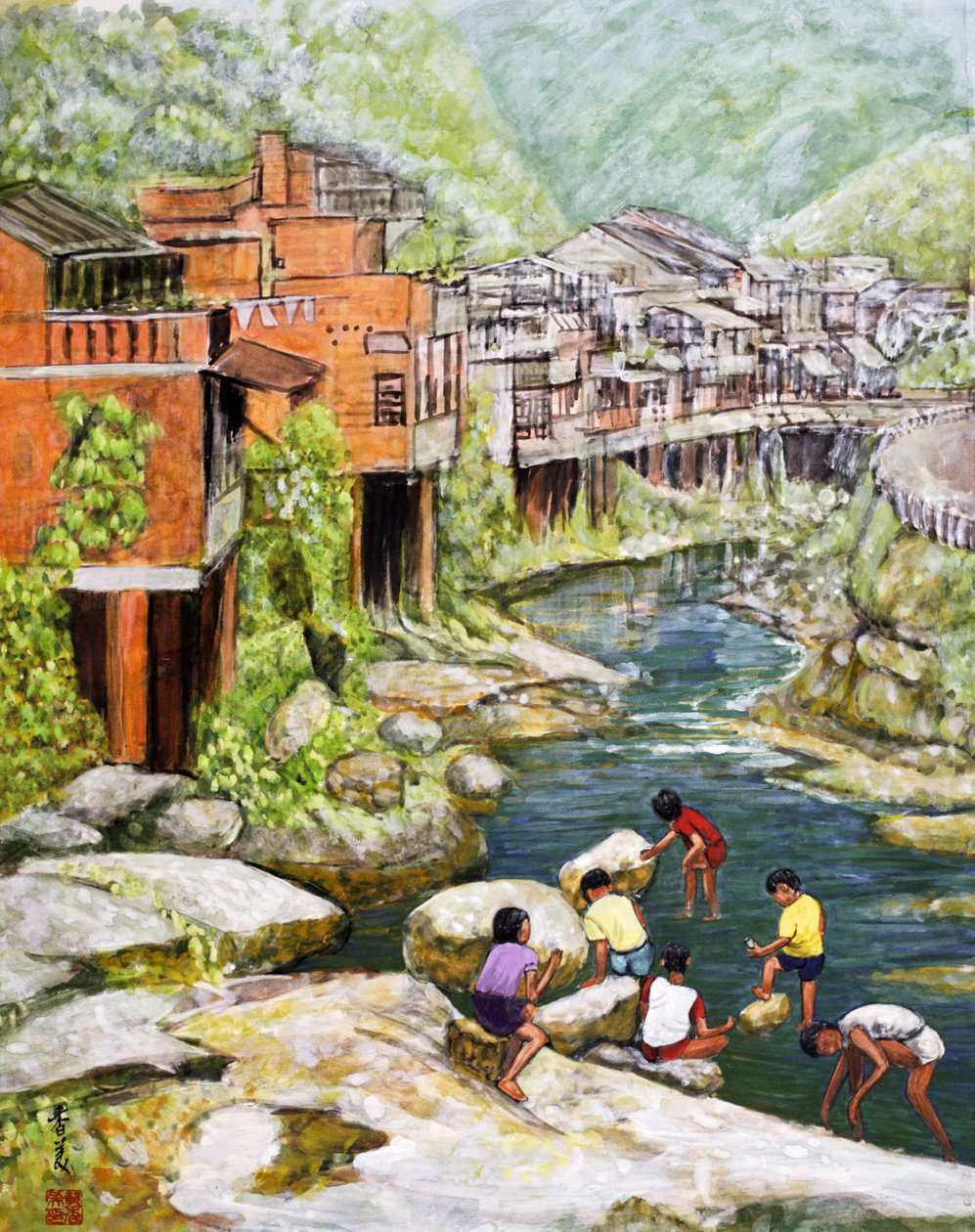 Landsby ved floden, 1992 (gouache på silke) af Komi Chen