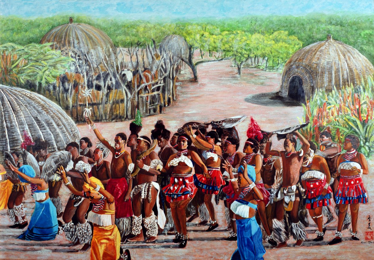 Zulu Celebration, 1989 (gouache på rispapir) af Komi Chen