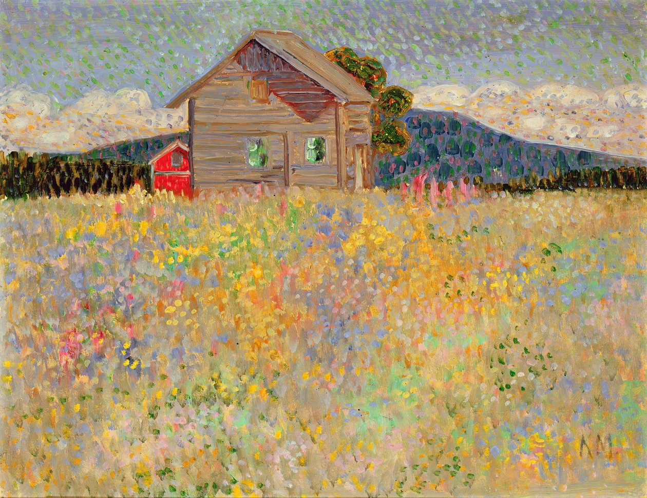 Lille træhus i en blomstrende eng, ca. 1909 (olie på limplade) af Konrad Magi