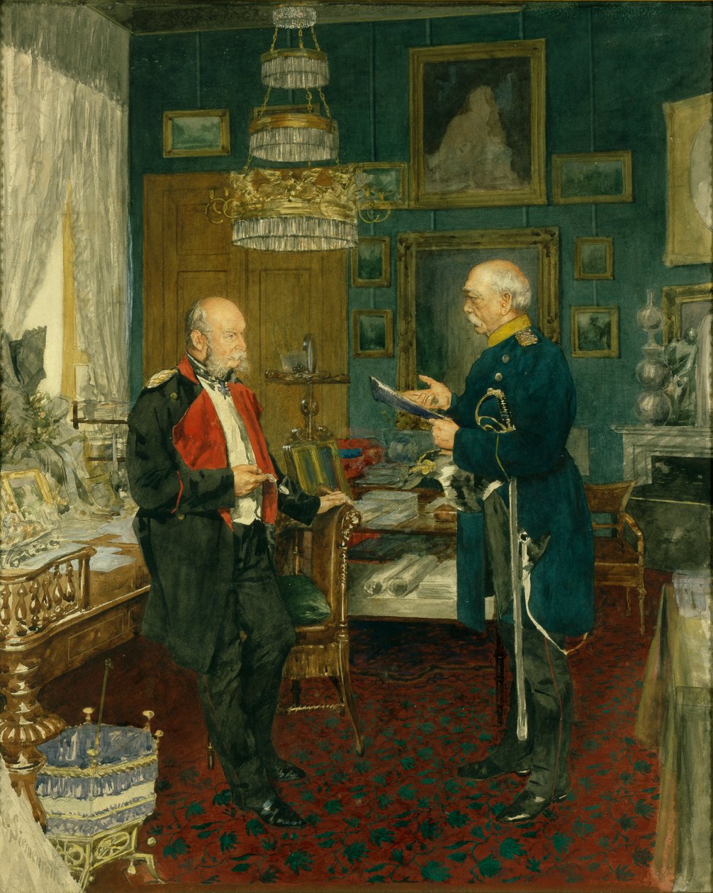 Bismarck med kejser Wilhelm I i et værelse i Unter den Linden-paladset i Berlin af Konrad Siemenroth