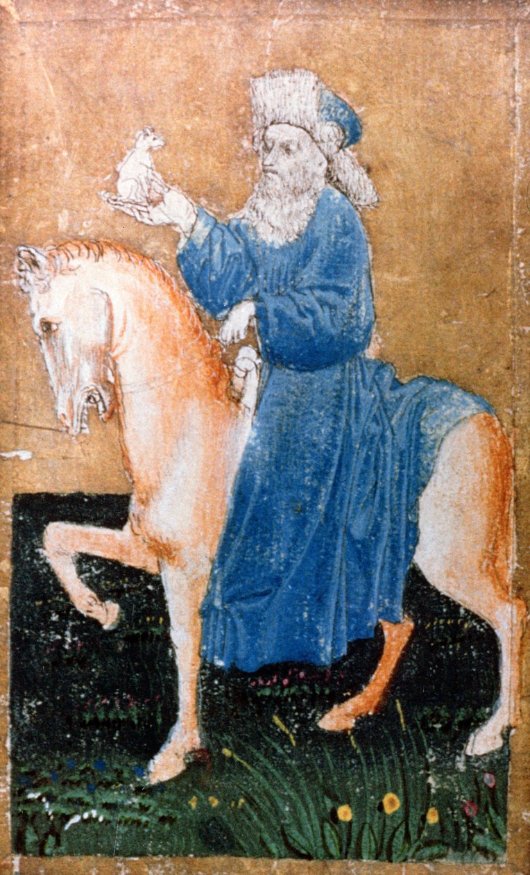 En ridende mand, der holder en lille hund, et af et sæt spillekort, der viser scener med høvisk hawking, Upper Rhein-området, ca. 1440-45 (pen og blæk, wc) (se også 87698, 88300-01 og 88303-04) af Konrad Witz