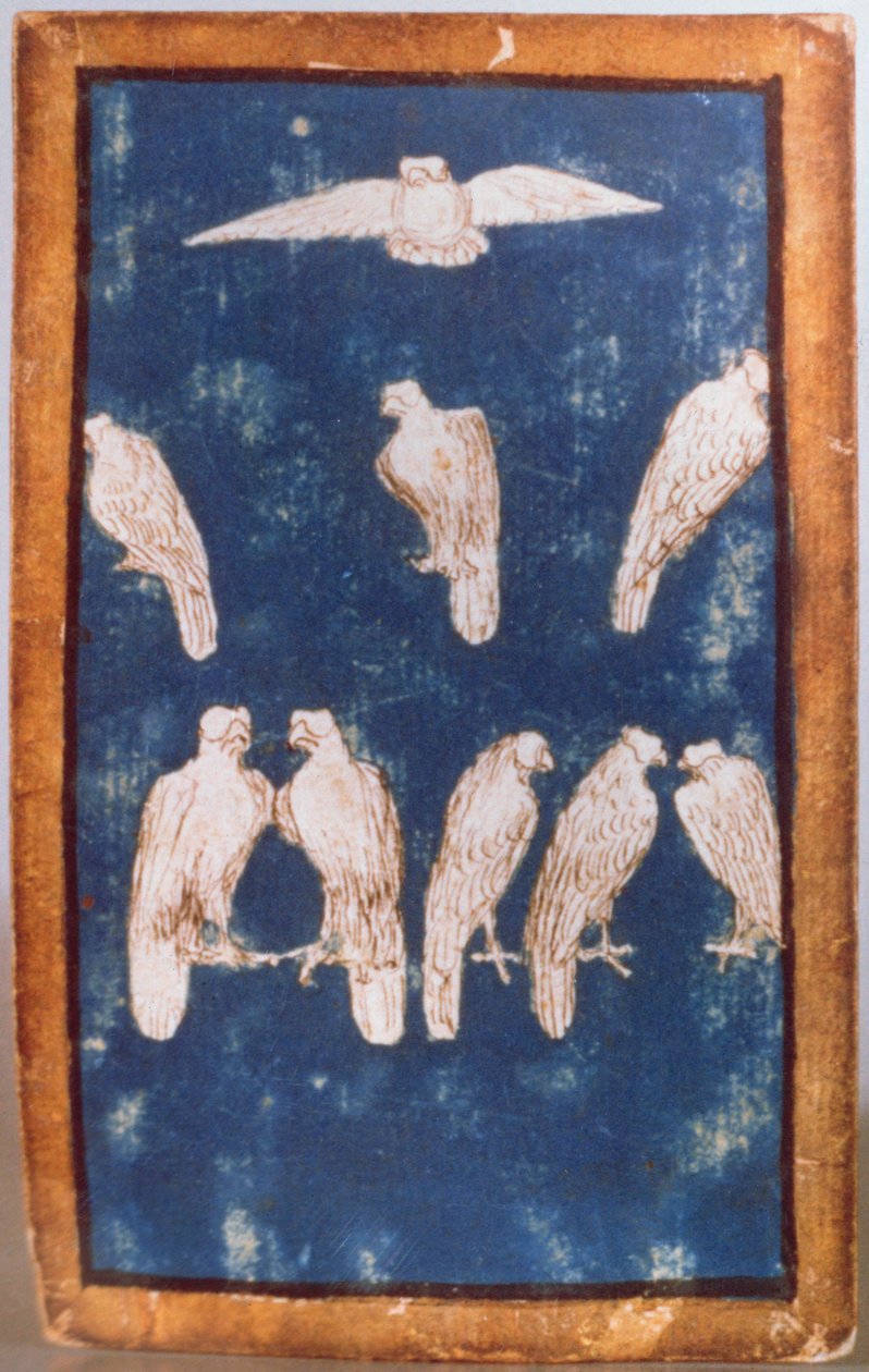 Rovfugle i flugt og på siddepinde, et af et sæt spillekort, der viser scener med høvisk hawking, Upper Rhein Area, ca. 1440-45 (pen og blæk, wc) (se også 87698 og 88301-04) af Konrad Witz
