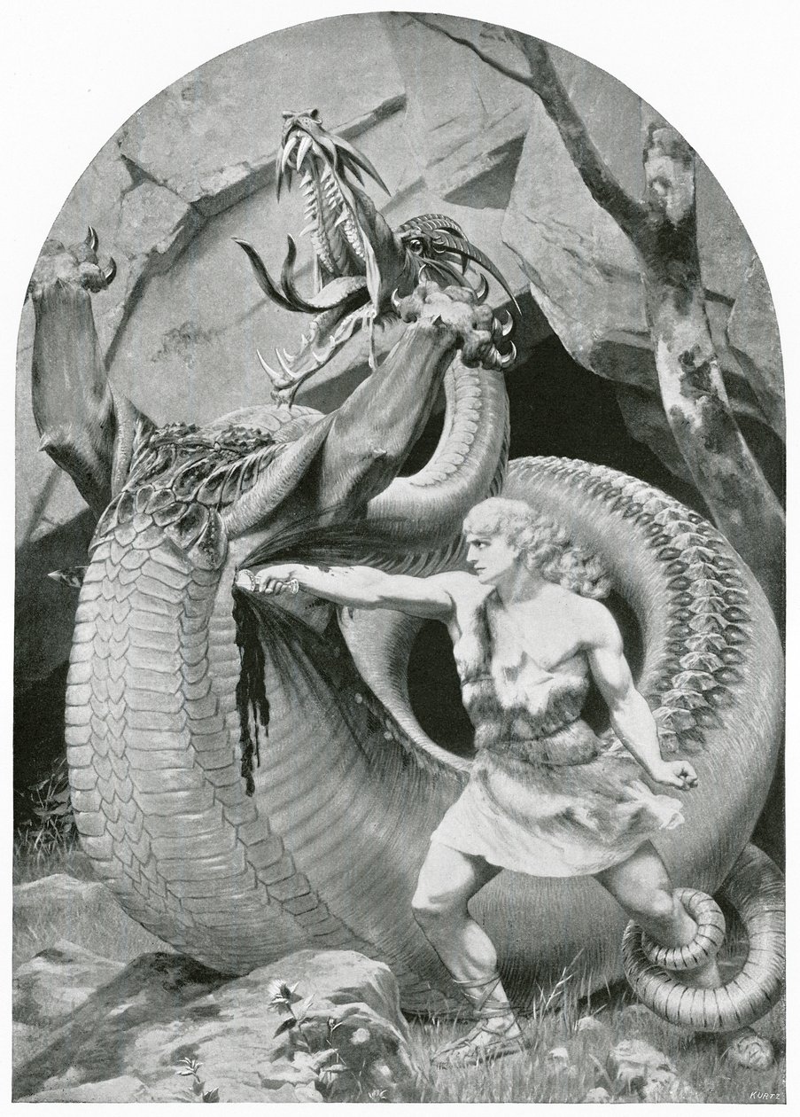 Siegfried dræber dragen (litografi) af Konrad Dielitz