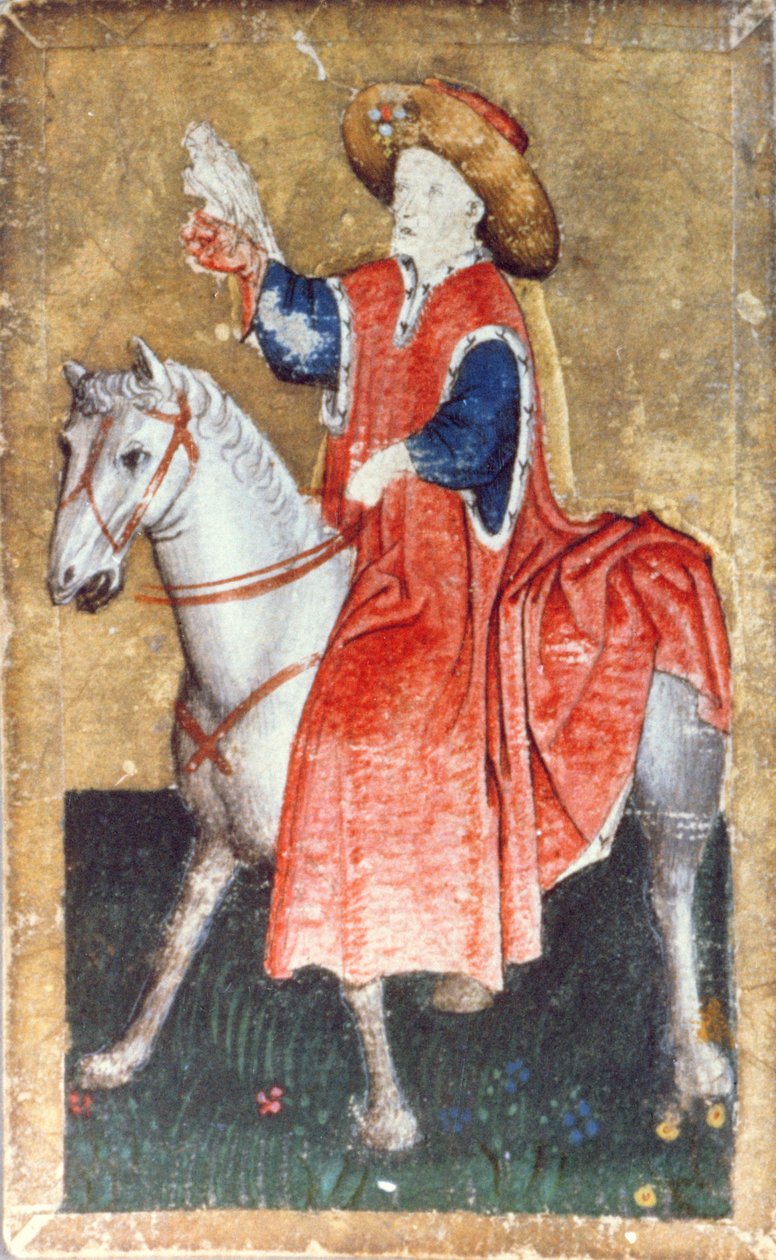 En monteret falkoner, et af et sæt spillekort, der viser scener med høvisk hawking, Upper Rhein Area, ca. 1440-45 (pen og blæk, wc) (se også 87698 og 88300-03) af Konrad Witz