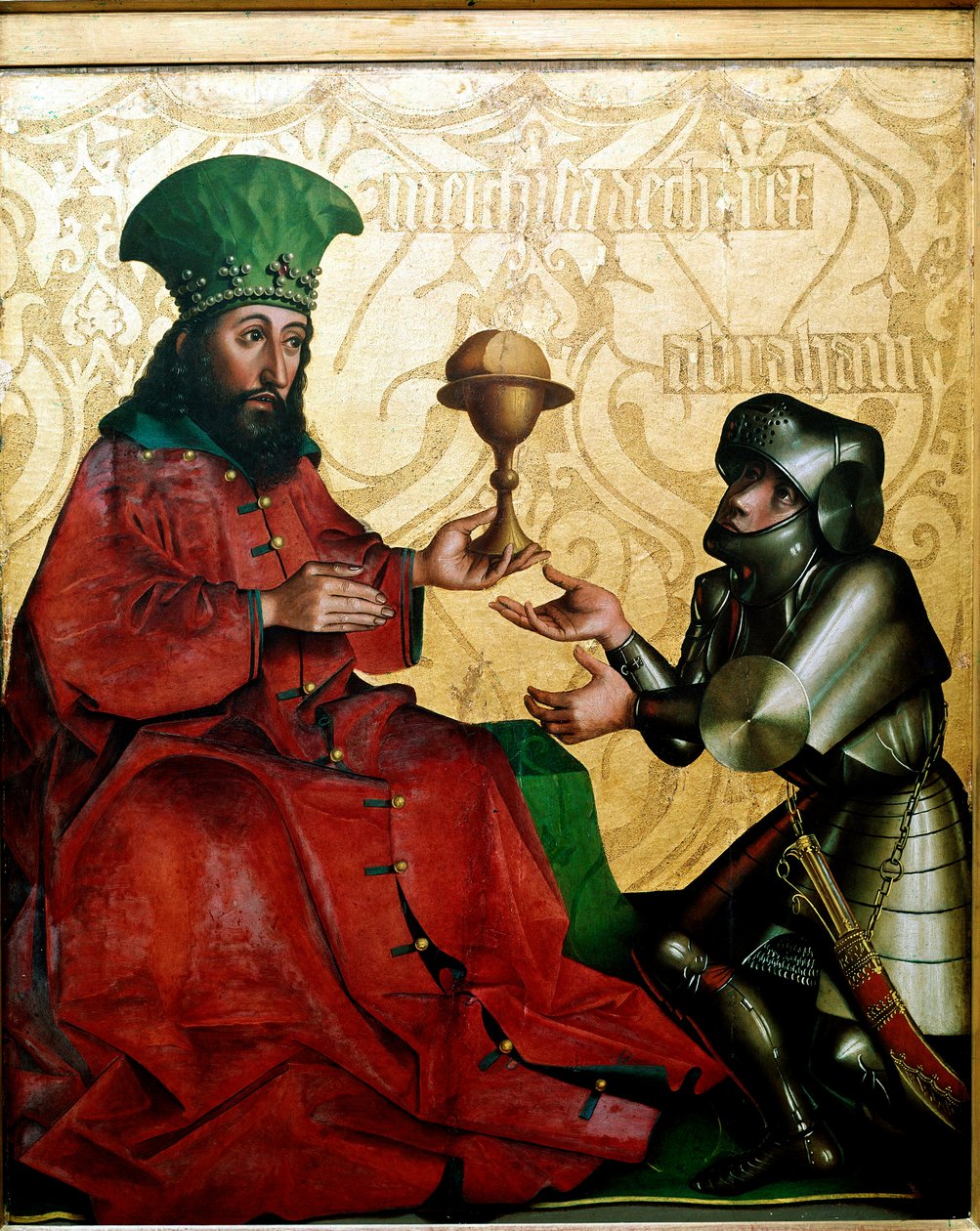 Abraham og Melkisedek Kongen af ​​Salem Melkisedek (Melkisedek eller Melkisedek eller Melkisedek eller Melkisedek) tilbyder Abraham, som sejrer i en kamp mod Kedorlaomer (Kedor Laomer), brød og vin. Maleri af Conrad Witz ( af Konrad Witz