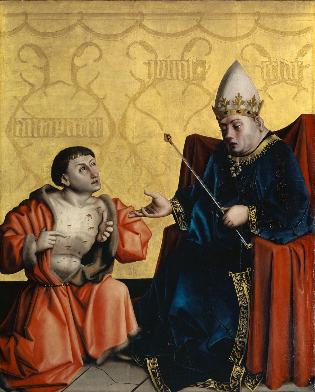 Antipater knælende foran Juilus Cæsar fra Heilspiegel-altertavlen, ca. 1435 (blandet medie på egetræspanel) af Konrad Witz