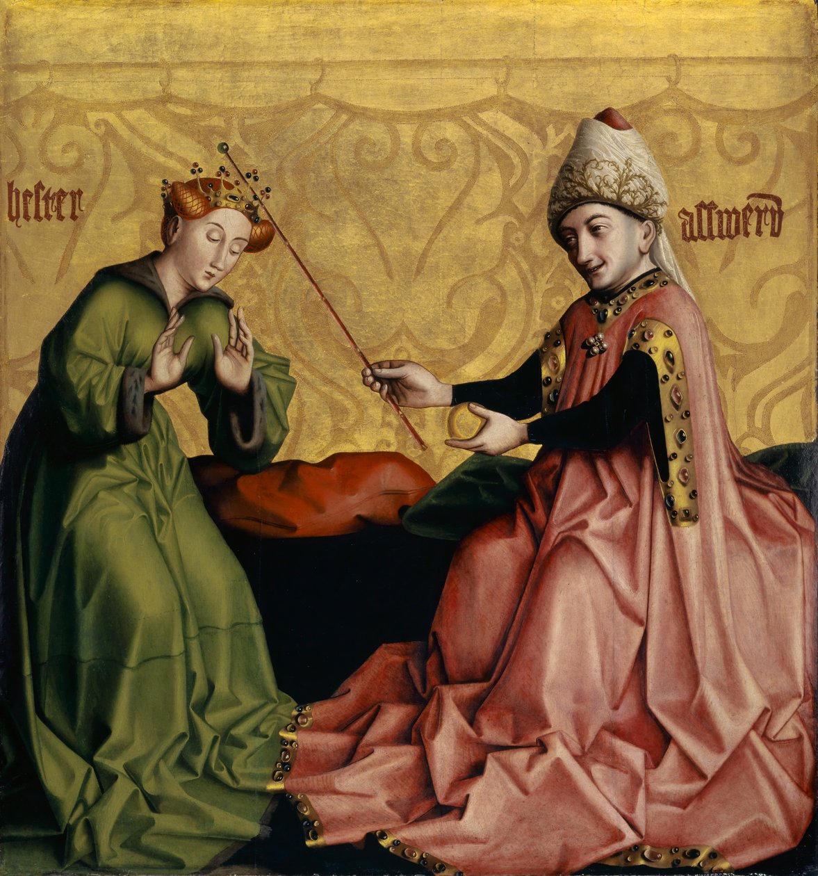 Esther foran Ahasverus fra Heilspiegel-altertavlen, ca. 1435 (blandede medier på egetræspanel) af Konrad Witz