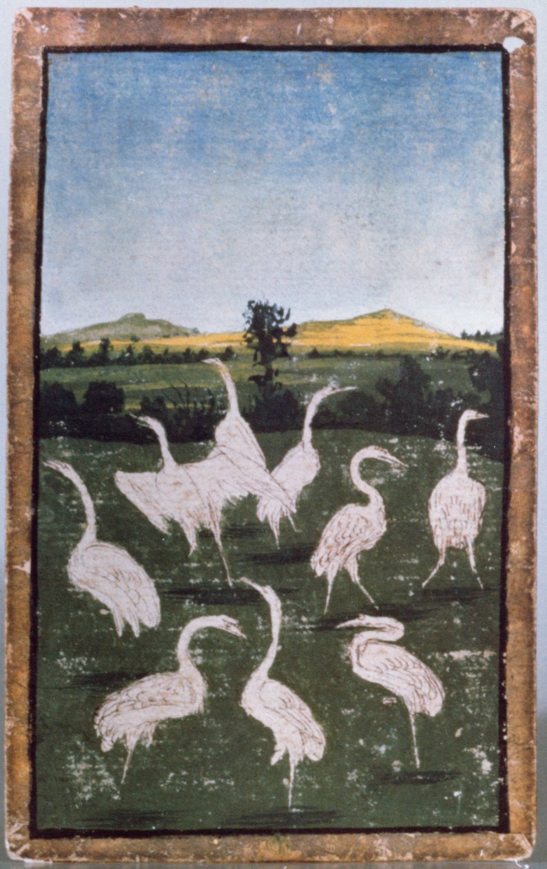 Hejrer på en mark, et af et sæt spillekort med scener af hofjagt, Oberrhein-området, ca. 1440-45 (pen og blæk, wc) (se også 88300-04) af Konrad Witz