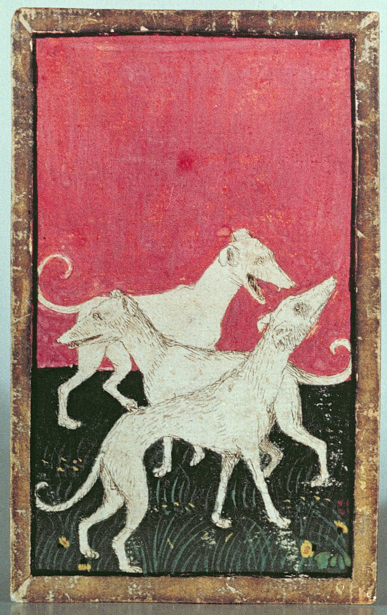Tre jagthunde, den ene af et sæt spillekort, der skildrer scener med høvisk hawking, Upper Rhein Are, ca. 1440-45 (pen og blæk, wc) (se også 87698, 88300 og 88302-04) af Konrad Witz