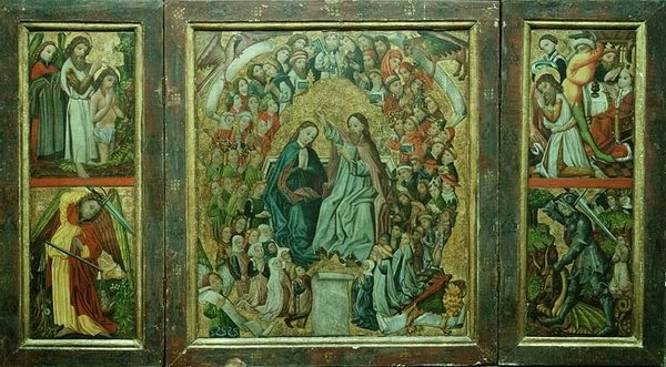 Jomfruens kroning; Kristi dåb; Johannes Døberens død; St. George Slaying the Dragon (triptykon) af Konrad von Friesach