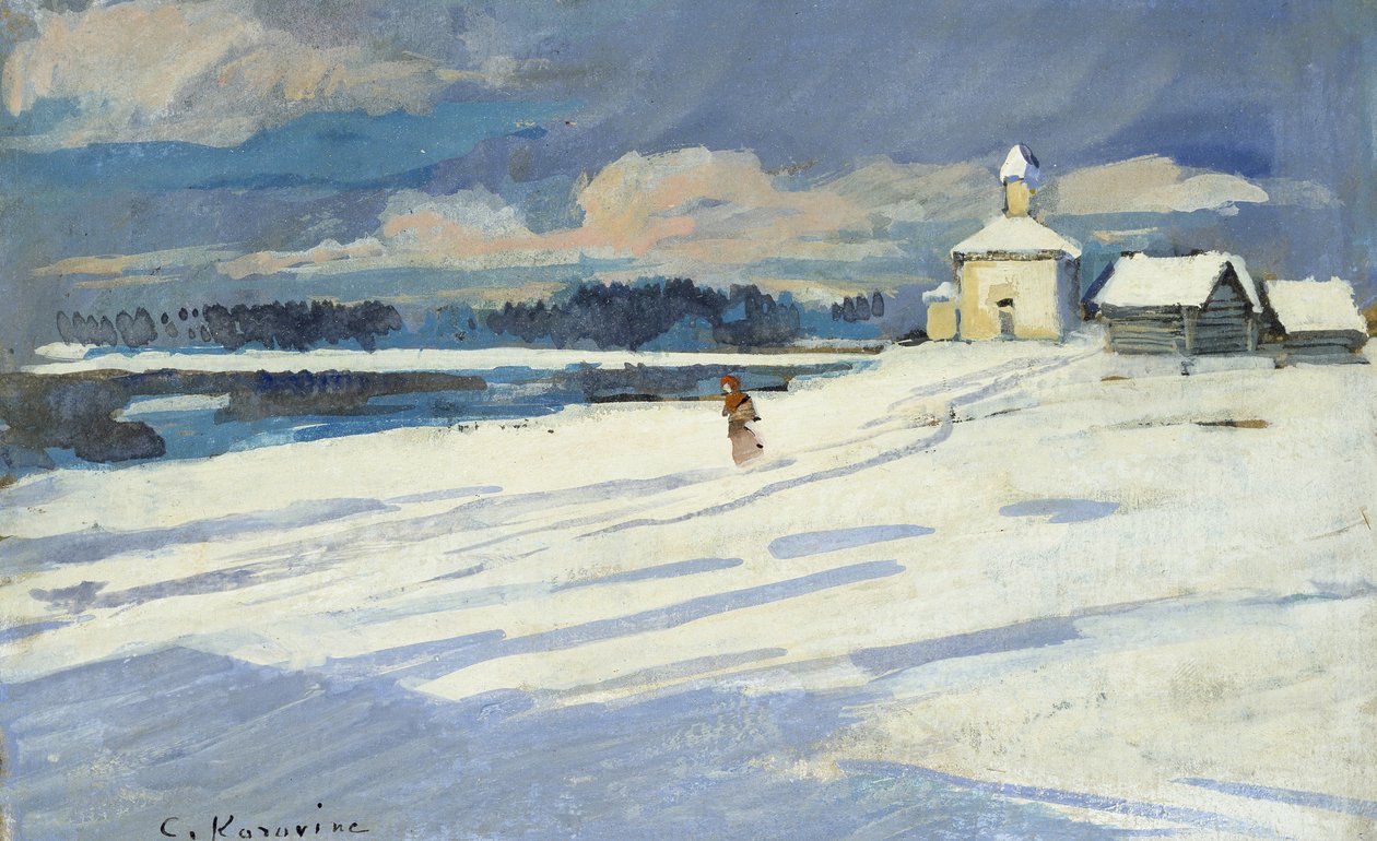 Vinterlandskab med en lille kirke (olie på bord, monteret som tegning) af Konstantin Alekseevich Korovin