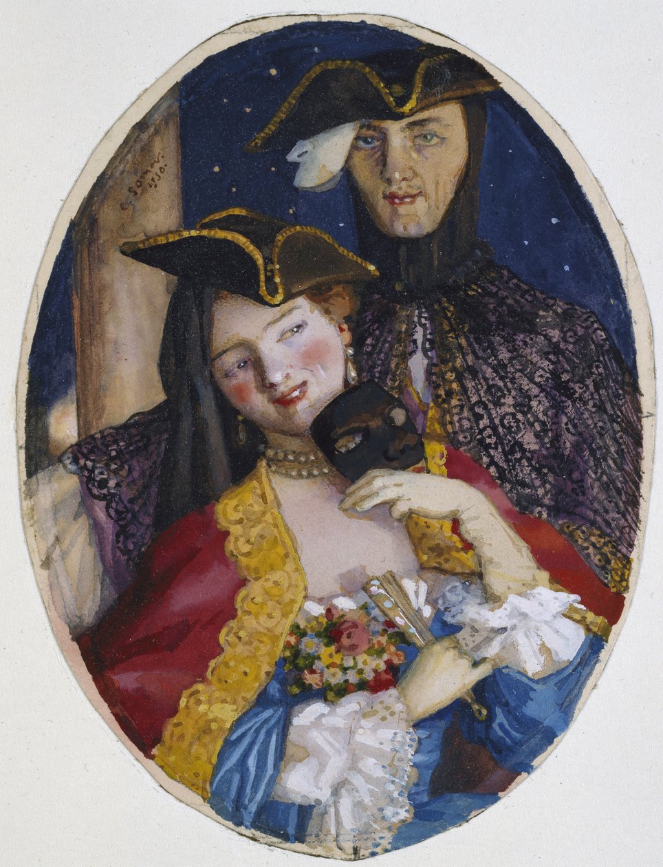 Par klædt på til et venetiansk karneval, 1930 (Kropsfarve over spor af grafit på cremepapir) af Konstantin Andreevic Somov