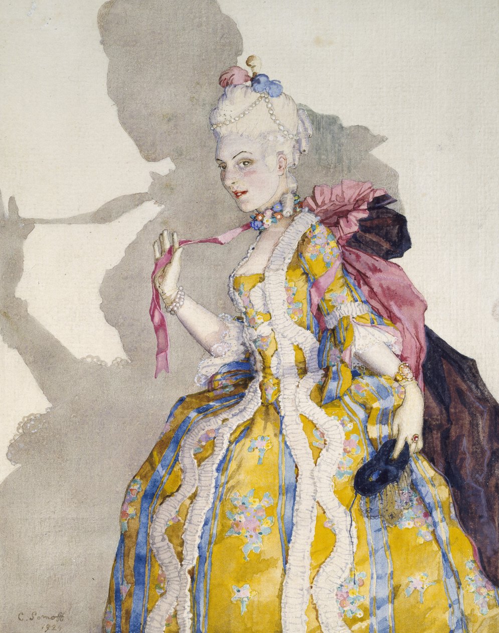 Design for a Costume of a Marquise til ballerinaen Tamara Karsavina, 1924 (akvarel og strejf af kropsfarve inden for en afgrænset kant i sort blæk på hvidt vævet papir) af Konstantin Andreevic Somov