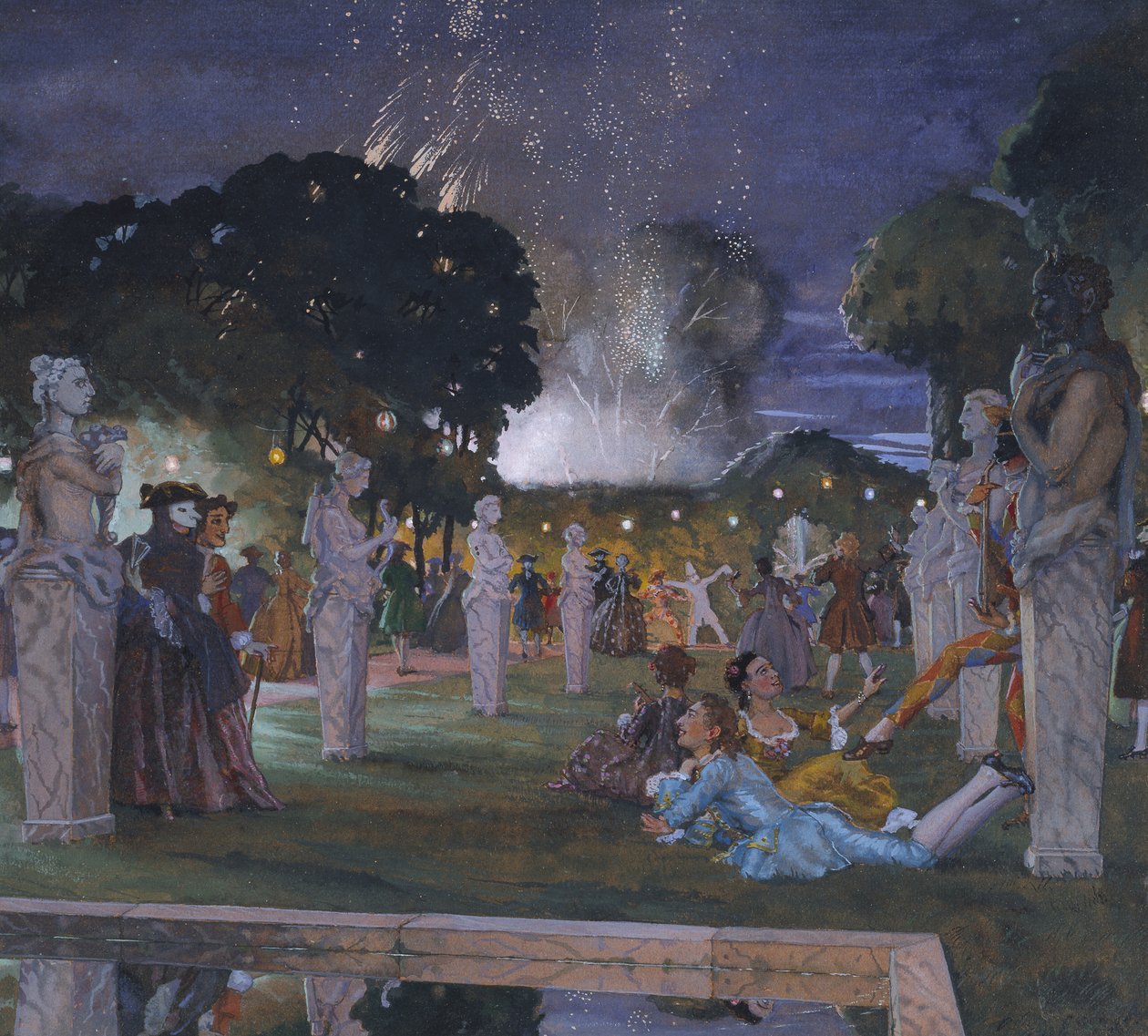 Festligheder omkring Venedig, 1930 (Kropsfarve på orange vævet papir) af Konstantin Andreevic Somov
