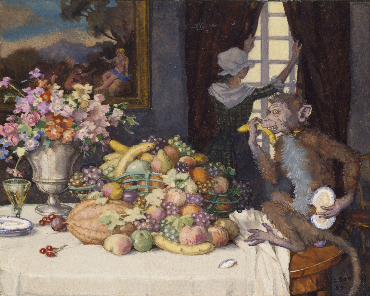 Greedy Monkey, 1929 (karrosserifarve inden for en afgrænset kant med sort blæk på cremefarvet papir) af Konstantin Andreevic Somov
