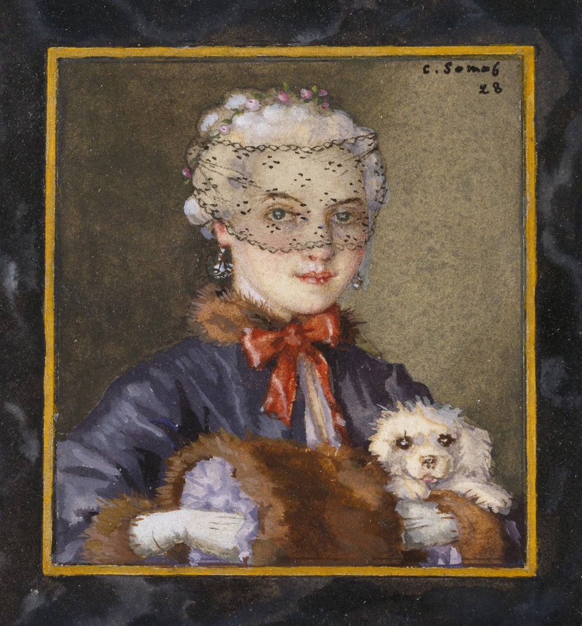 Lady with a Dog, 1928 (kropsfarve inden for en afgrænset kant i sort blæk, der omgiver en fiktiv ramme på hvidt papir) af Konstantin Andreevic Somov