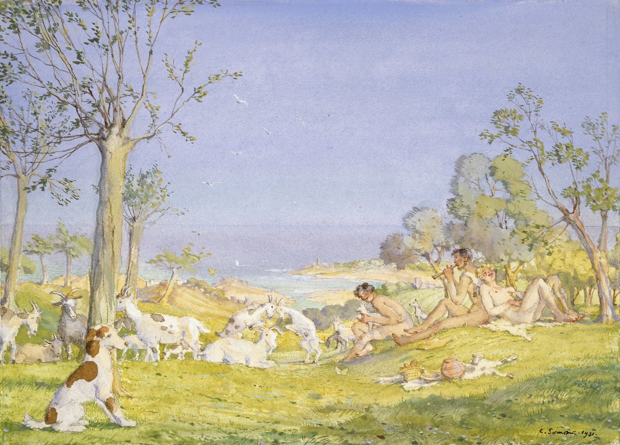 Landskab med hyrder og geder, 1931 (Kropsfarve over grafit inden for en afgrænset kant i grafit på hvidt papir) af Konstantin Andreevic Somov